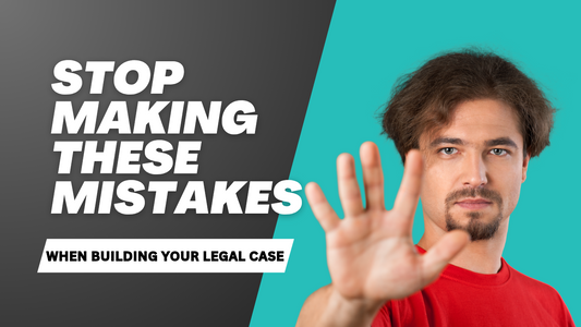 Man in red shirt raising hand with text 'Stop Making These Mistakes' and subheading 'When Building Your Legal Case,' emphasizing common errors attorneys make during investigations.