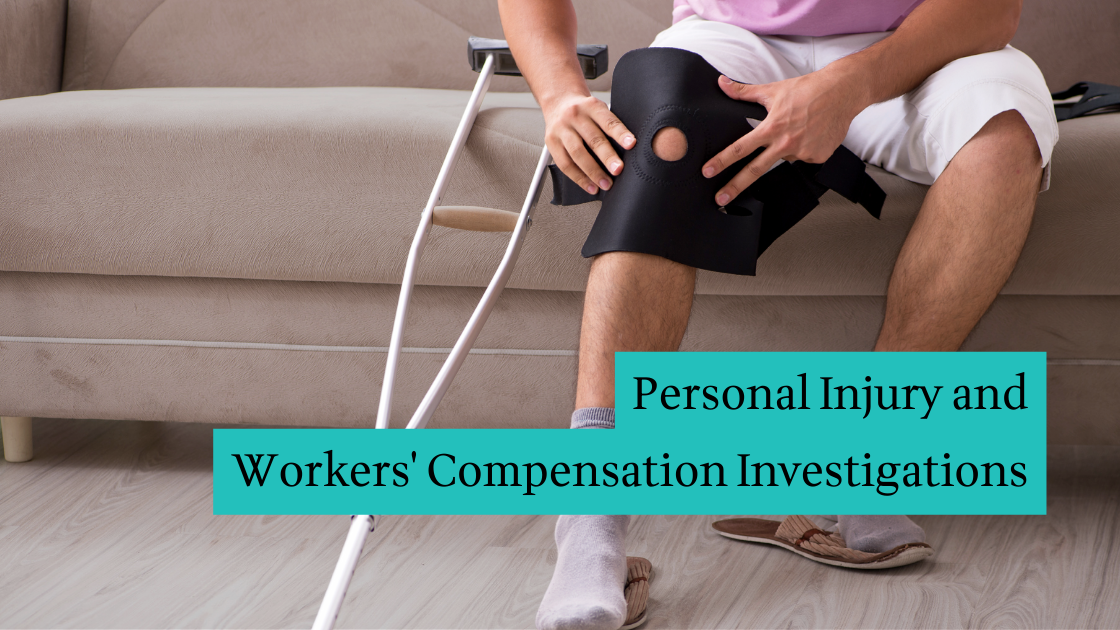 Private investigator verifying personal injury claim in Florida. Text overlay: Personal Injury and Workers' Compensation Investigations.
