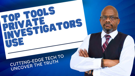 Private investigator in a suit with text: 'Top Tools Private Investigators Use' and 'Cutting-Edge Tech to Uncover the Truth.' Highlights modern PI technology.