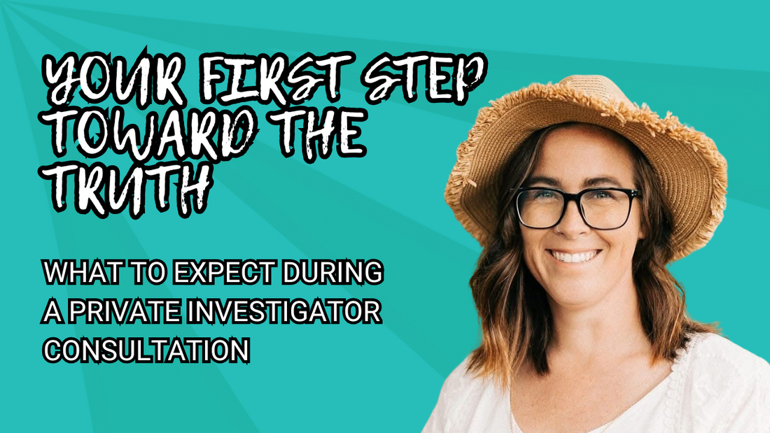 Private investigator in a red blazer with text: 'What to Expect During a Private Investigator Consultation' and 'Your First Step Toward the Truth.'