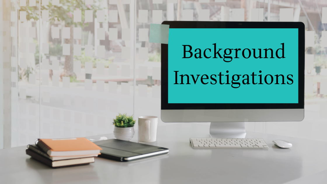 Private investigator reviewing criminal background check documents. Text overlay: Comprehensive Background Investigations.