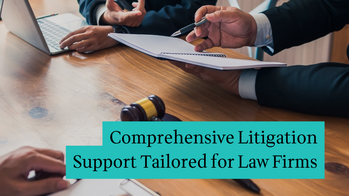 Private investigator reviewing case files with an attorney. Text overlay: Comprehensive Litigation Support Tailored for Law Firms.