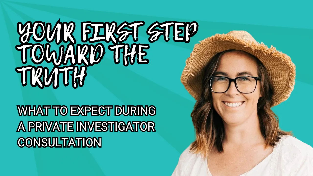 Private investigator in a red blazer with text: 'What to Expect During a Private Investigator Consultation' and 'Your First Step Toward the Truth.'