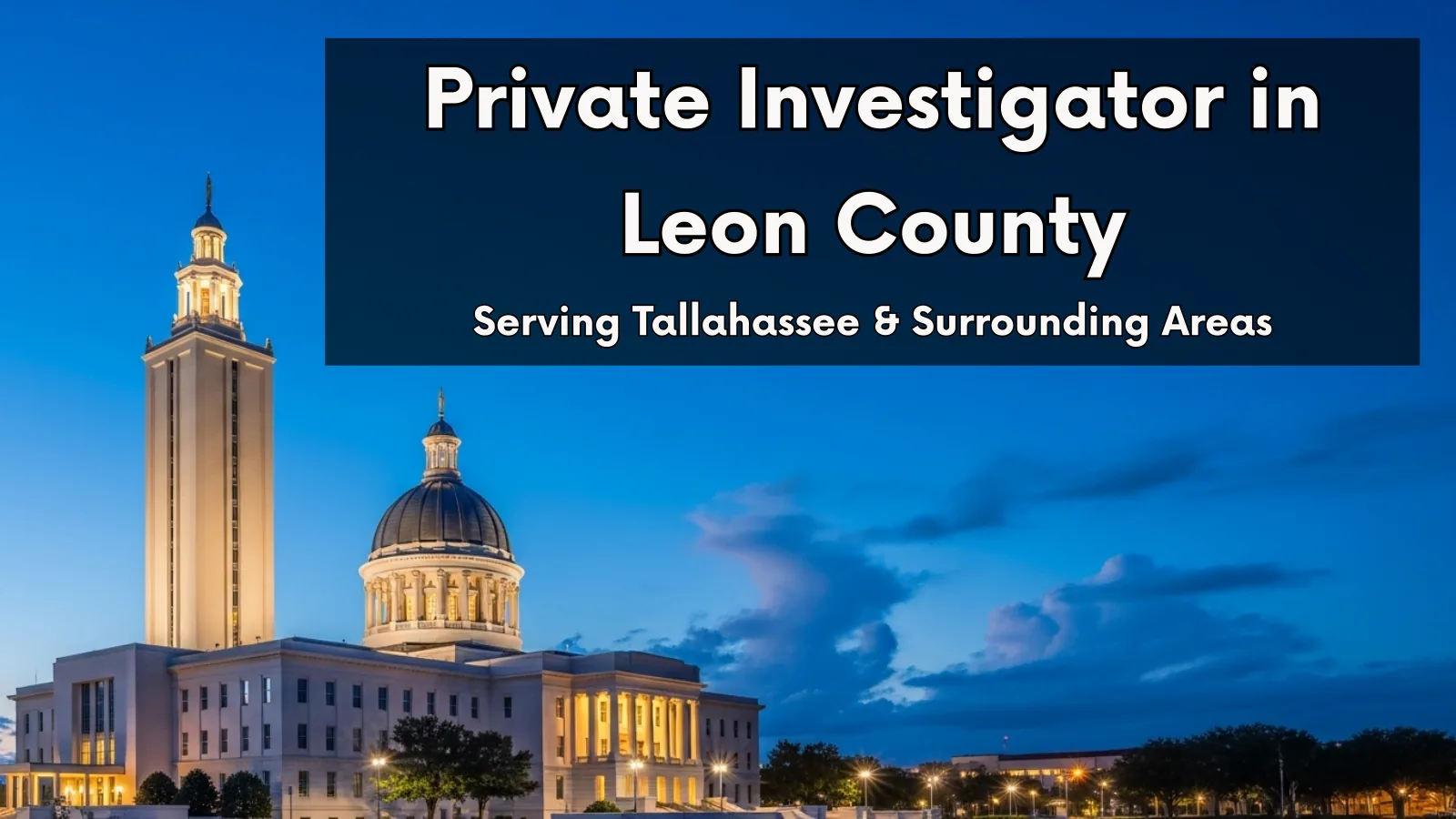 Florida State Capitol building in Tallahassee at twilight. Text overlay: Private Investigator in Leon County. Serving Tallahassee, Woodville & Bradfordville.
