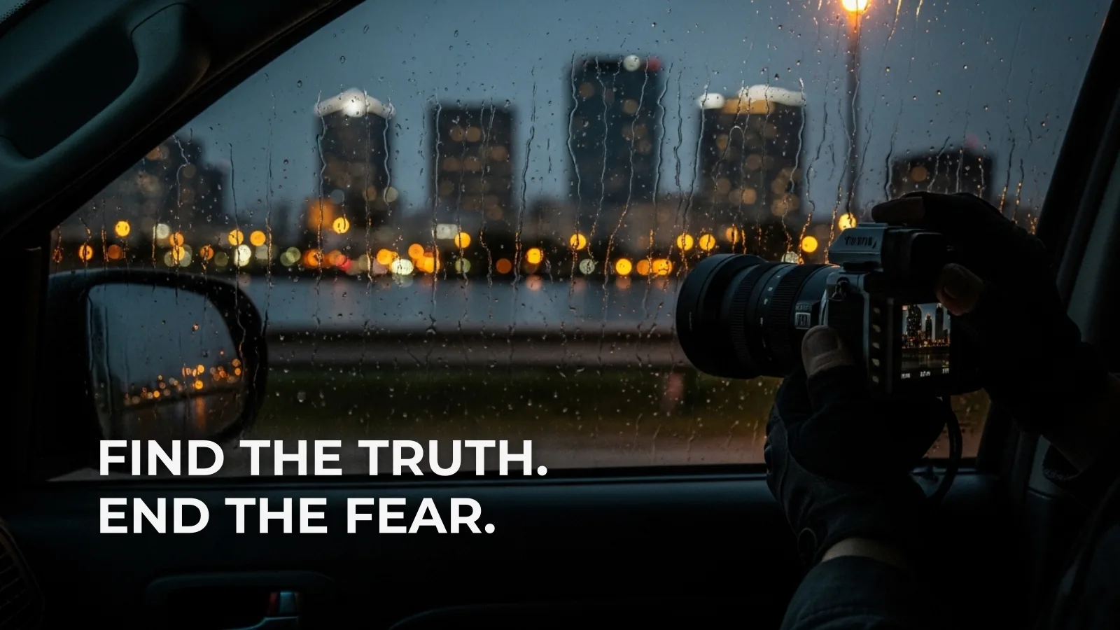 An investigator photographing with a telephoto lens from inside a car on a rainy night. Text overlay: Find the truth. End the fear.
