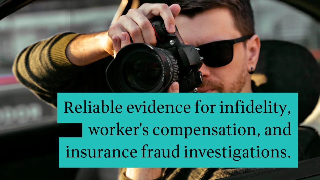 An investigator photographing with a telephoto lens from inside a vehicle. Text overlay: Reliable evidence for infidelity, worker's compensation, and insurance fraud investigations.